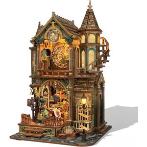 Book Nook Kit Magic Clock Tower 3D Wooden Puzzle for Adults, DIY Miniature House Kit with LED Lights, Creative Home Decor Gift for Display