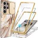 GVIEWIN for Samsung Galaxy S24 Ultra Case, [Slide Camera Cover & Built-in Screen Protector] [2 Front Frame] Military Grade Shockproof Marble Phone Case for S24 Ultra 6.8" (Topaz/Gold)
