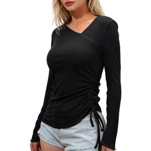 Womens Long Sleeve Rib Knit Top 2025 Asymmetrical V Neck Slim Fit Thin Shirt with Adjustable Drawstring Fall Casual Basic (Black)