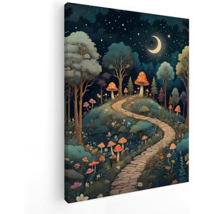 QICLM Mystical Fairy Forest Mushroom Wall Art, Fairy Wall Decor, Fantasy Starry Night Garden Botanical Canvas Wall Art Poster for Nursery Kids Room Playroom Decor, Beautiful 11x14 Inch Framed