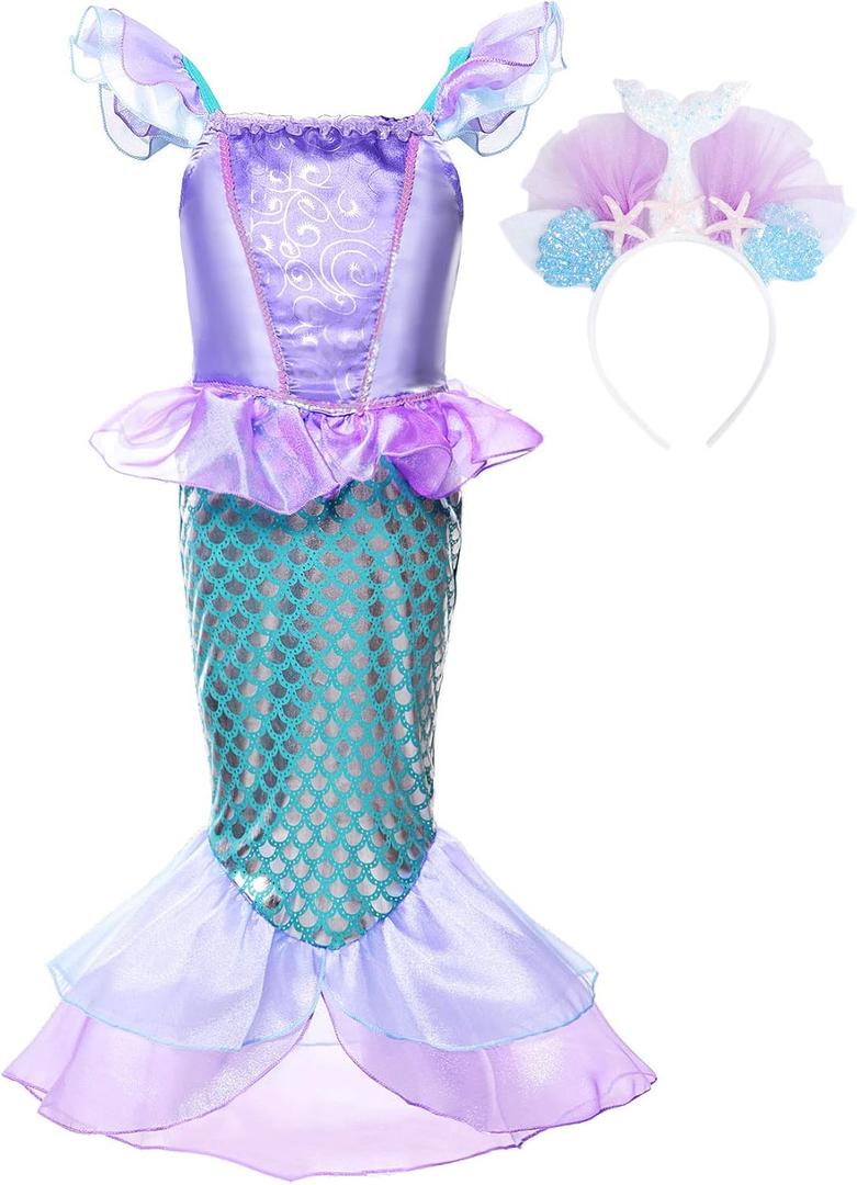 JerrisApparel Girls Princess Mermaid Costume Cosplay Party Dress (4T, Purple With Headband)