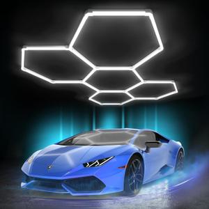 Hexagon Garage Lights: 168W 5 Grids LED Garage Lights - Easy Install 6500K Super Bright Honeycomb Light for Workshop Warehouse Car Detailing Shop Exhibition Hall Gym