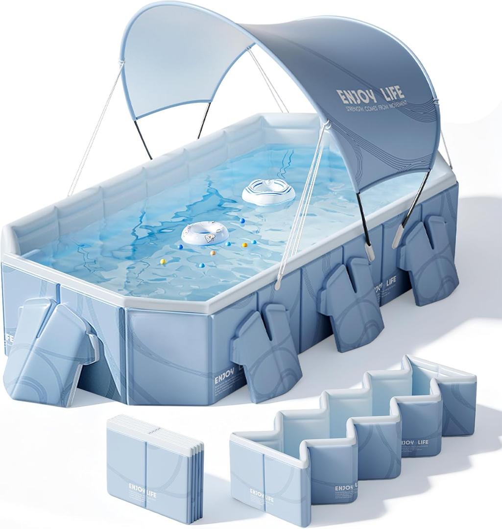 Foldable Pool with Canopy,Large Portable Pool for Adult, 85×50×22 in | Thickened Collapsible Folding Pool,20 Seconds Installation&Titanium Silver Canopy,Feels-Like Temp 50°F – 64.4°F,Blue