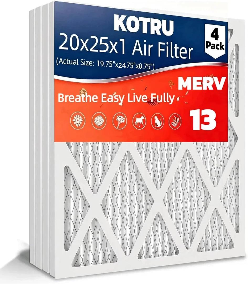 20x25x1 Air Filter MERV 13MPR 1900 (4-Pack) Electrostatic Pleated HVAC AC Furnace Filters, Effectively Filters Dust, Pollen, Pet Dander (Actual Size: 19.5x24.5x0.75 inches)