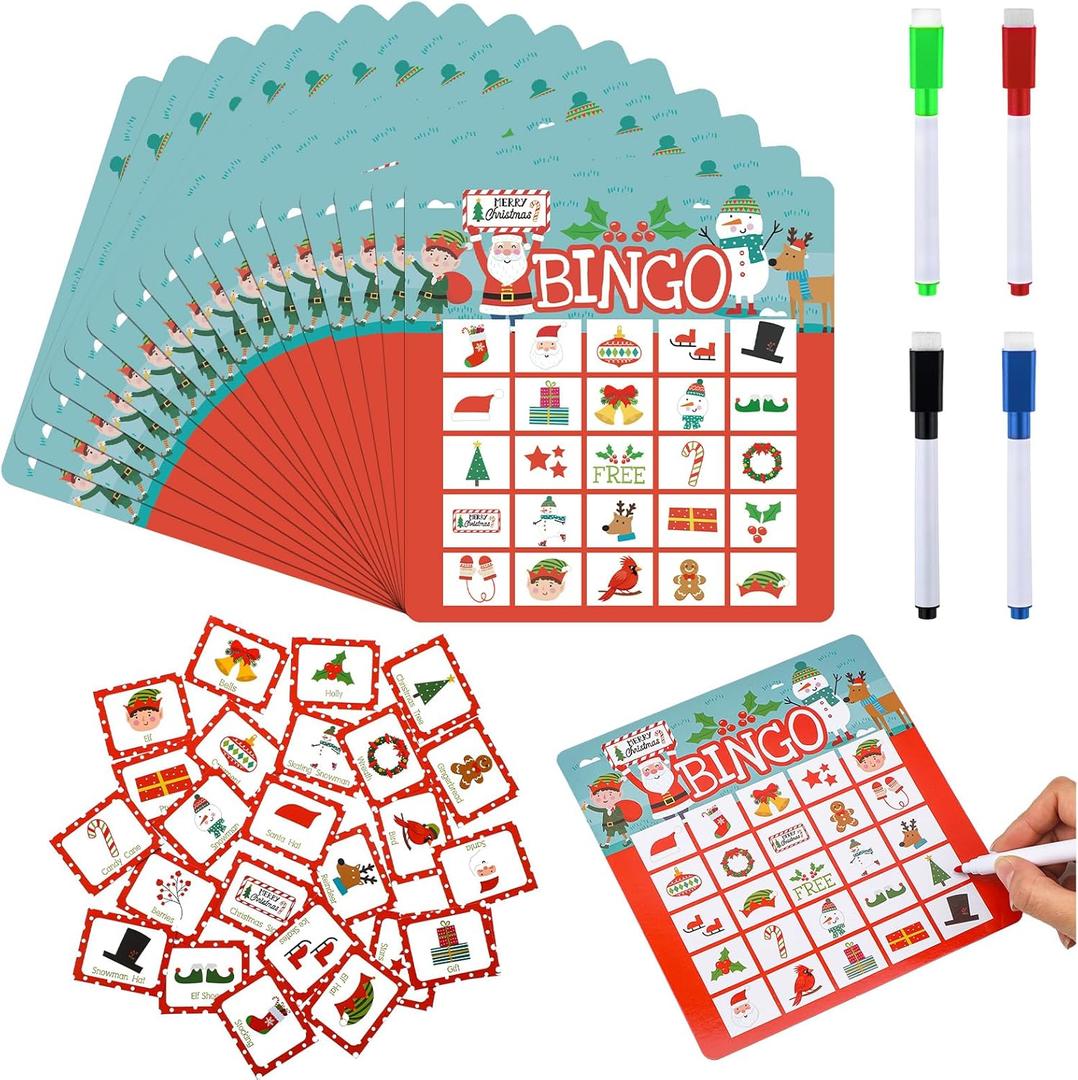 Soulchen 52 Pcs Christmas Bingo Christmas Dry Erase Bingo Cards 24 Players Holiday Festival Xmas Party Favors for Adults Large Group Family Activities Birthday Party Supplies