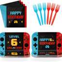 96Pcs Video Game 6th Birthday Decorations Level 6 Birthday Party Plates and Napkins Level Up Disposable Tableware for 6 Years Old Boy Gaming Birthdays Decorations