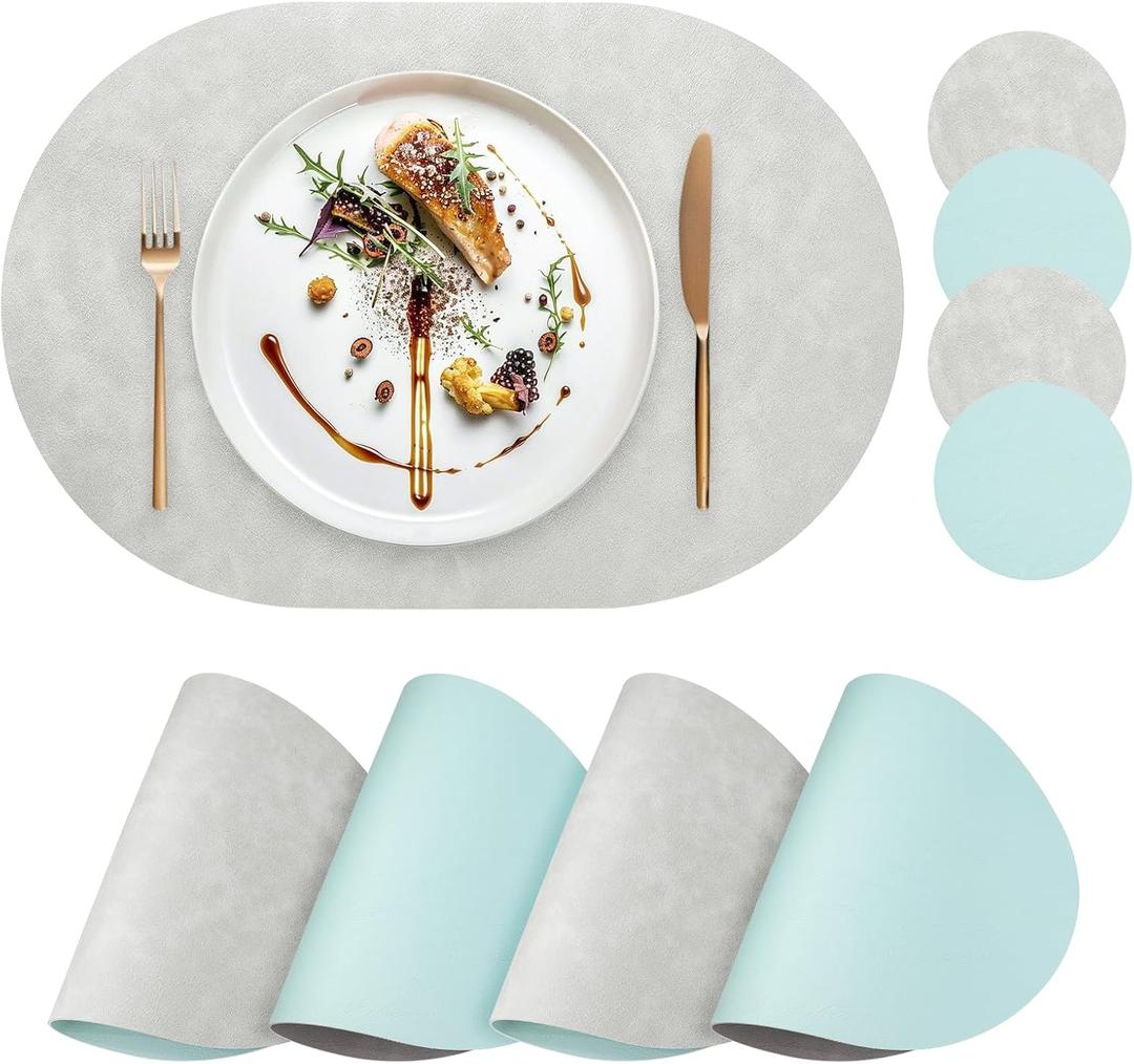 Faux Leather Placemats Set of 4 with Matching Coasters, Heat Resistant PU Oval Placemats, Waterproof Wipeable Washable Place Mats, Non-Slip Table Placemats for Dining Table Kitchen Patio