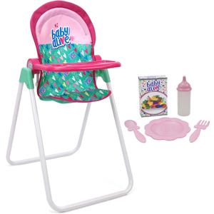 Baby Alive: Doll Highchair Set - Green, Pink, Hearts - for Dolls Up to 24", 5 Matching Feeding Accessories, Rotating Seat, Folding, Kids Toy Ages 3+