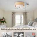 Flush Mount Ceiling Fan with Lights, 20" Caged Boho Ceiling Fan with Light Remote Control, Low Profile Bladeless with 6 Speeds, Drum Rattan Fabric for Bedroom, Nursery, Dining Room, Living Room