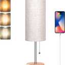 Dott Arts 18" Table Lamp for Bedroom, 3-Color Bedside Lamps with Pull Chain, Bedroom Table Lamps for Nightstand,AC Outlet Small Lamp for Living Room, Bulb Included Wood