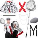 7 Pcs Halloween Dalmatian Costume and Catcher Accessories Shawl Red Gloves Pearl Necklace Hat Holder Suspender Fishing Net for Halloween Adults Couple Cosplay Party