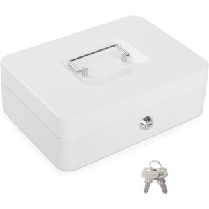 Cash Box with Key Lock Metal Money Box with Money Tray Large Safe Lock Box Durable Money Saving Organizerfor Security Lock Safe Box for Office Small Business 9.84 x 7.87 x 3.54 inches (White)
