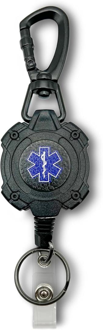 EMS, EMT, Paramedic/Medic Heavy Duty Medical Badge Reel Star of Life. 360 Swivel Carabiner Clip. 32.5 Steel Cable/Rope with Key Ring & ID Strap. 8 oz Weight (Blue)