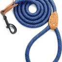 Mile High Life Rope Leash with Genuine Leather Connection, 6 FT/5 FT/4 FT, Heavy Duty Leash for Medium & Large Dogs (Blue, 72 Inch)