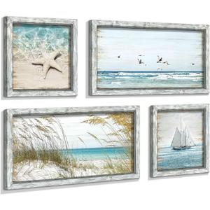 Beach Framed Wooden Pictures Wall Art: Coastal Art Set of 4 Seascape Prints Starfish Pictures Ocean Artwork for Bedroom Overall 36"W x 24"H, 12"x12"x2 PCS + 12"x24"x2 PCS