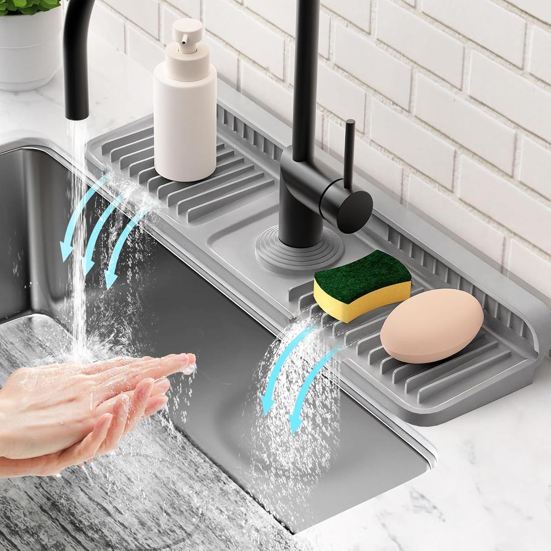 17.7'' Faucet Mat for Kitchen Sink Splash Guard[7 Slope Fast Self-draining][Snap Lock Fit] Folding Kitchen Sink Faucet Mat Splash Guard Kitchen Sink Area Water Splash Guard Behind Faucet Draining Mat