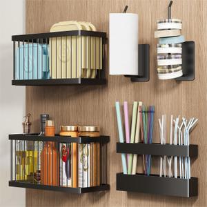 Nieifi Adhesive Cabinet Door Organizer, 5 Pack, Black | Lid Organizers, Tumbler Lid Organizer and Straw Holder, Wall Mounted, Inside Cabinet Storage Boxes