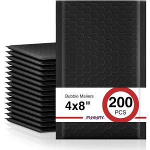 Fuxury Black Bubble Mailers 4x8" 200 Pack Waterproof Padded Envelopes Self Seal Bubble Envelopes Usable Size 4x7" Padded Mailers for Small Business Shipping Envelope Mailers, 48" 200pc
