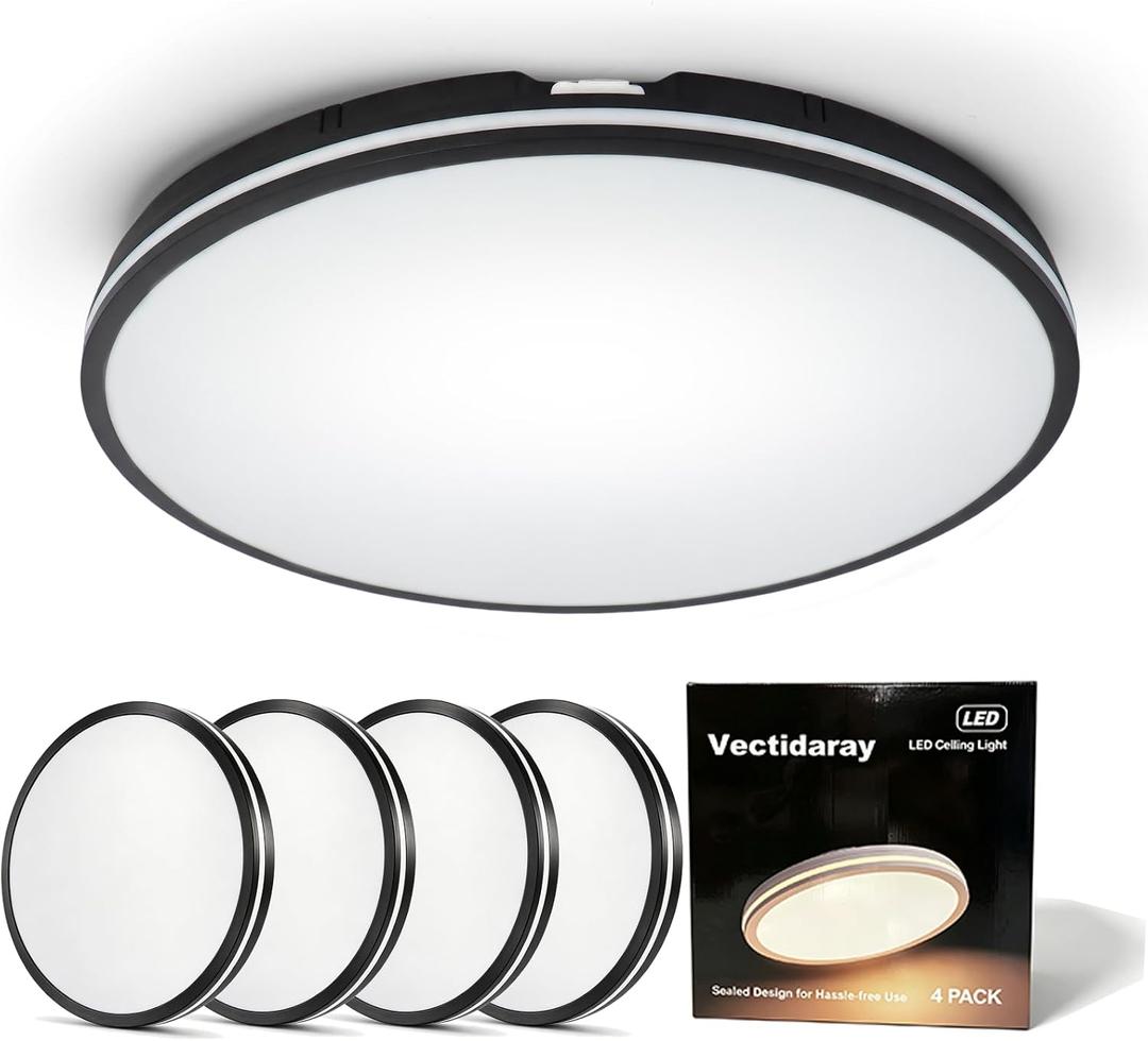 4Pack 16in Round Black Farmhouse LED Flush Mount Fixture 4000LM