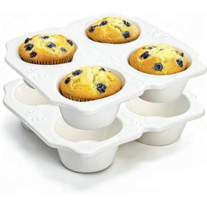 Hiceeden 2 Pack 4-Cup Ceramic Muffin Pan, Nonstick Muffin Tin with Handle, Ceramic Cupcake Baking Pans with Embossed Pattern for Muffin, Cupcake, White, 7.5" x 7" x 1.6"