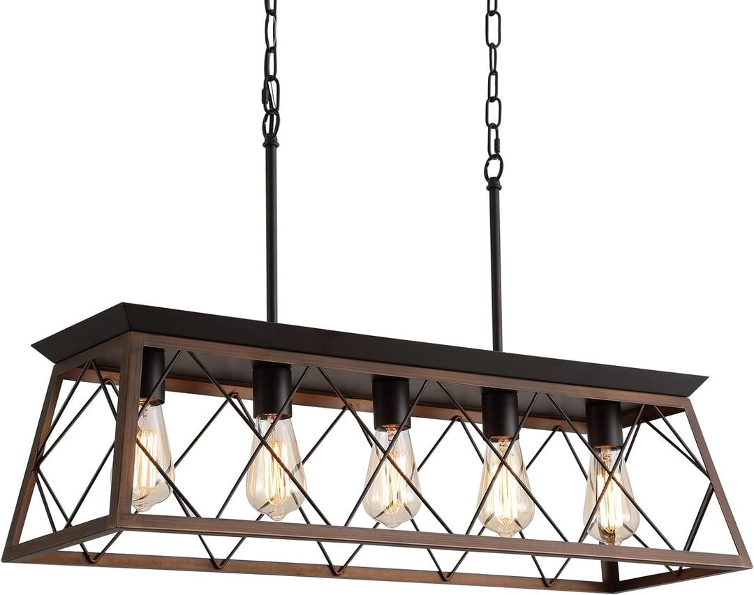 Q&S Farmhouse Rustic Chandelier Light Fixtures Bronze 5 Lights Linear Rectangular Chandelier Pendant Light Fixtures for Dining Room Kitchen Island Pool Bar Office Living Room Entryway UL Listed