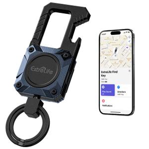 Keychain, Works with Apple Find My, Heavy Duty Keychain Bottle Opener, Carabiner Car Key Chains with GPS Tracker, Key Finder, Bluetooth Tracker for Luggage, Kids, Bags and More, Rechargeable, Blue