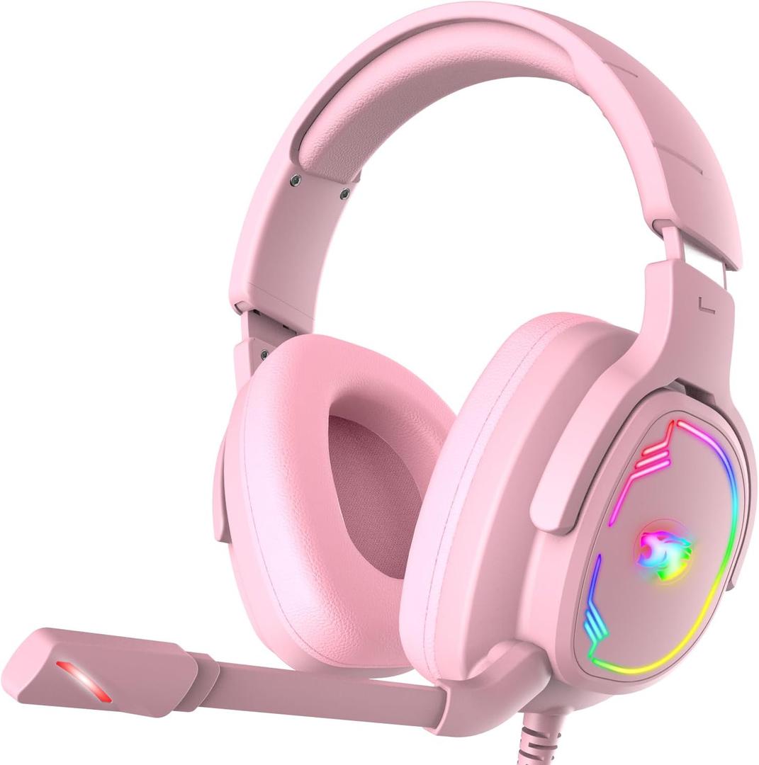 Jimonyer Gaming Headset with Microphone, 7.1 Surround Sound and Noise Canceling Over Ear Headphones for PC/PS4/PS5/Xbox Series/Switch, RGB Light and Soft Imitation Protein Earmuffs (Pink)
