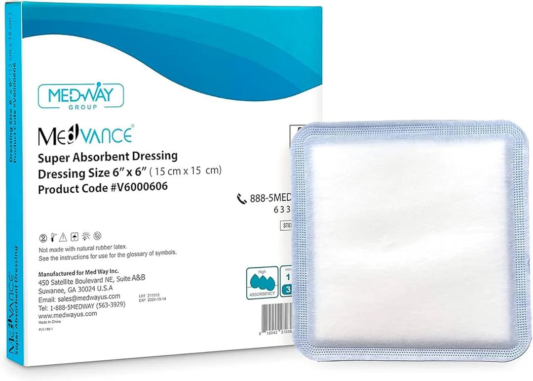 MedVance Super Absorbent Dressing, Non-Adhesive Pads for Wound Care, for Pressure Ulcers & 1st/2nd Degree Burns, Superior Moisture Absorption, Box of 10 dressings (6"x6" Bandage, 5"x5" Pad)
