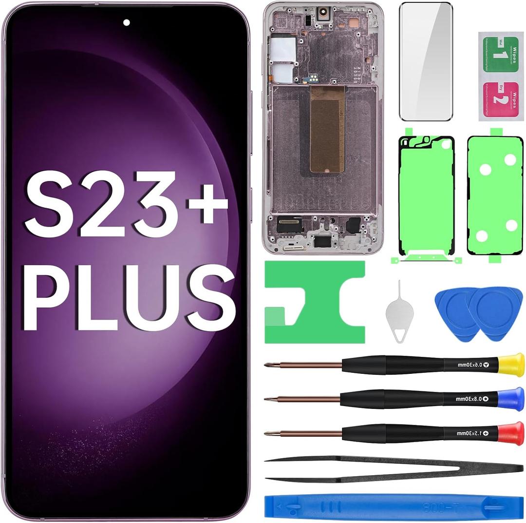 for Samsung Galaxy S23+ Plus AMOLED Screen Replacement with Lavender Frame OLED Display Touch Digitizer Full Assembly Fix Glass with Repair Tools Kit SM-S916U SM-S916U1