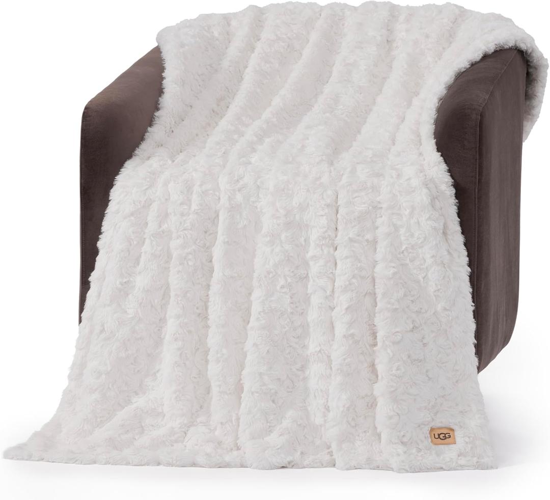 UGG Adalee Faux Fur Throw Blanket Luxury Lightweight Cozy Soft Throw for Couch Bed or Chair Hypoallergenic Machine Washable Double-Sided Fluffy Blanket Home Decor, 50-inch x 70-inch, Natural White