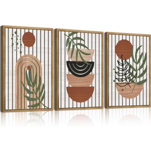 DRACIT Large Boho Mid century Wood Framed Canvas Wall Art Set, Modern Neutral Bohemian Wooden Wall Decor, Minimalist Abstract Geometric Leaf Wall Sculptures for Living Room, Bedroom, Office-16 x243
