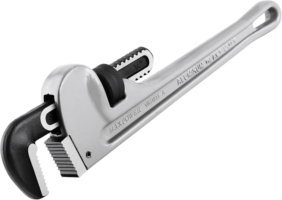 MAXPOWER 14-Inch Pipe Wrench, 40% Lighter Aluminum Plumbing Wrench, Heavy Duty Straight Pipe Wrenches Jaw Max Capacity 2 inch