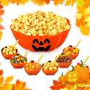 FoldTier 13 Pcs Halloween Candy Bowls Include 6 Ceramic Pumpkins Ramekins 1 Plastic Trick or Treat Bowls 6 Dessert Spoons Pumpkins Dishes Popcorn Serving Bowl for Halloween Party Supplies Popcorn Bar