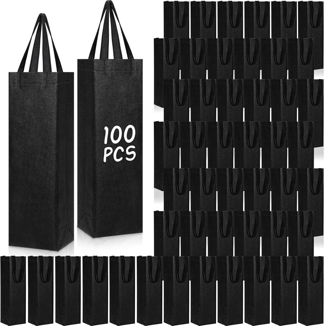 Windyun 100 Pcs Wine Gift Bags with Handle Reusable Small 13.8x3.5x3.9 Inches Liquor Bottle Totes Bulk for Birthday Wedding Christmas Holiday Party (Black)