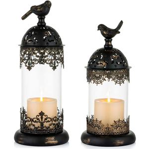 Nuptio Vintage Pillar Candle Holders Moroccan Wrought Iron Hurricane Candle Holder Ornate Centerpiece for Mantlepiece Decorations, Candlestick Holders for Table Living Room Balcony Garden, 2 Pcs (Black)