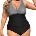 Aqua Eve Women Plus Size One Piece Swimsuits V Neck Tummy Control Bathing Suits Retro Ruched Swimwear Striped 14 Plus