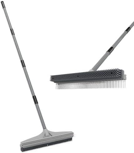Walensee Carpet Rake for Pet Hair Removal, 61" Carpet Hair Cleaning Tool with Adjustable Long Handle, 2-in-1 Rubber Broom and Nylon Carpet Brush for Fur Rug, Stairs and Mats - Washable, Durable