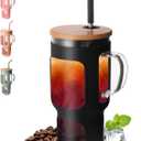 COMOOO 40oz Glass Tumbler with Bamboo Lid and Straw, Glass Water Cup with Handle, Iced Coffee Drinking Cup with Silicone Sleeve, Glass Tumbler Dishwasher Safe, Cup Holder Friendly, Black