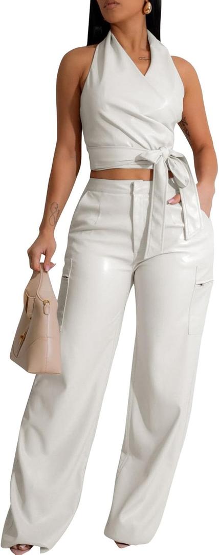 SEMATOMALA Women's Leather Pants Set PU Faux Leather Halter Crop Tank Top and Straight Leg Pants Set 2 Piece Outfit, Large