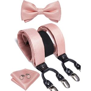 DiBanGu Paisley Bow Tie and Supenders for Men Tuxedo Heavy Duty 6 Clips Suspender Adjustable Y-Shape Mens Trouser Braces (01 Blush Pink)