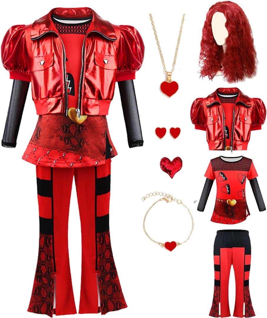 Red Costume for Girls - Rise of Red Costume Heart Shirt Jacket Pants Set with Wig Halloween Party Dress up for Kids (4Years-5Years)