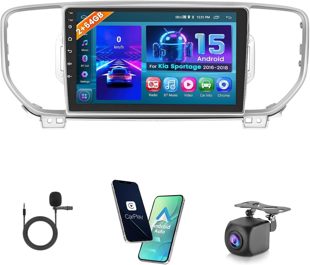 Hikity Android 15 Car Stereo for 2016-2018 Kia Sportage KX5 Radio 2+64GB 9 Inch Touchscreen Car Radio Wireless Apple Carplay Android Auto Support GPS Navigation WiFi Bluetooth FM EQ Backup Camera