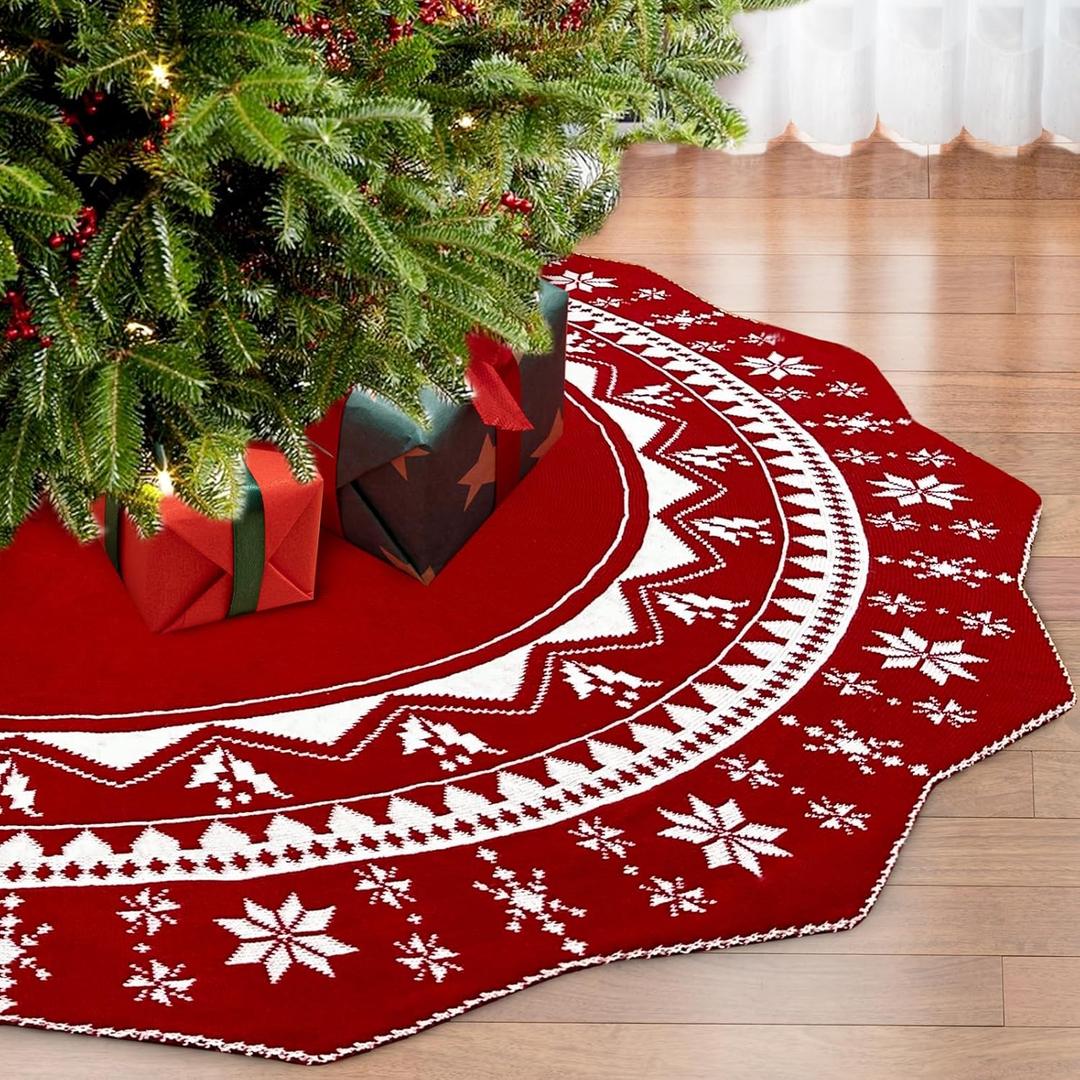 Christmas Tree Skirt 60 Inch, Double-Sided Knit Red Tree Skirt with Snowflakes Patterns Large Knitted Xmas Tree Skirt Rustic for Christmas Trees Party Holiday Christmas Decorations