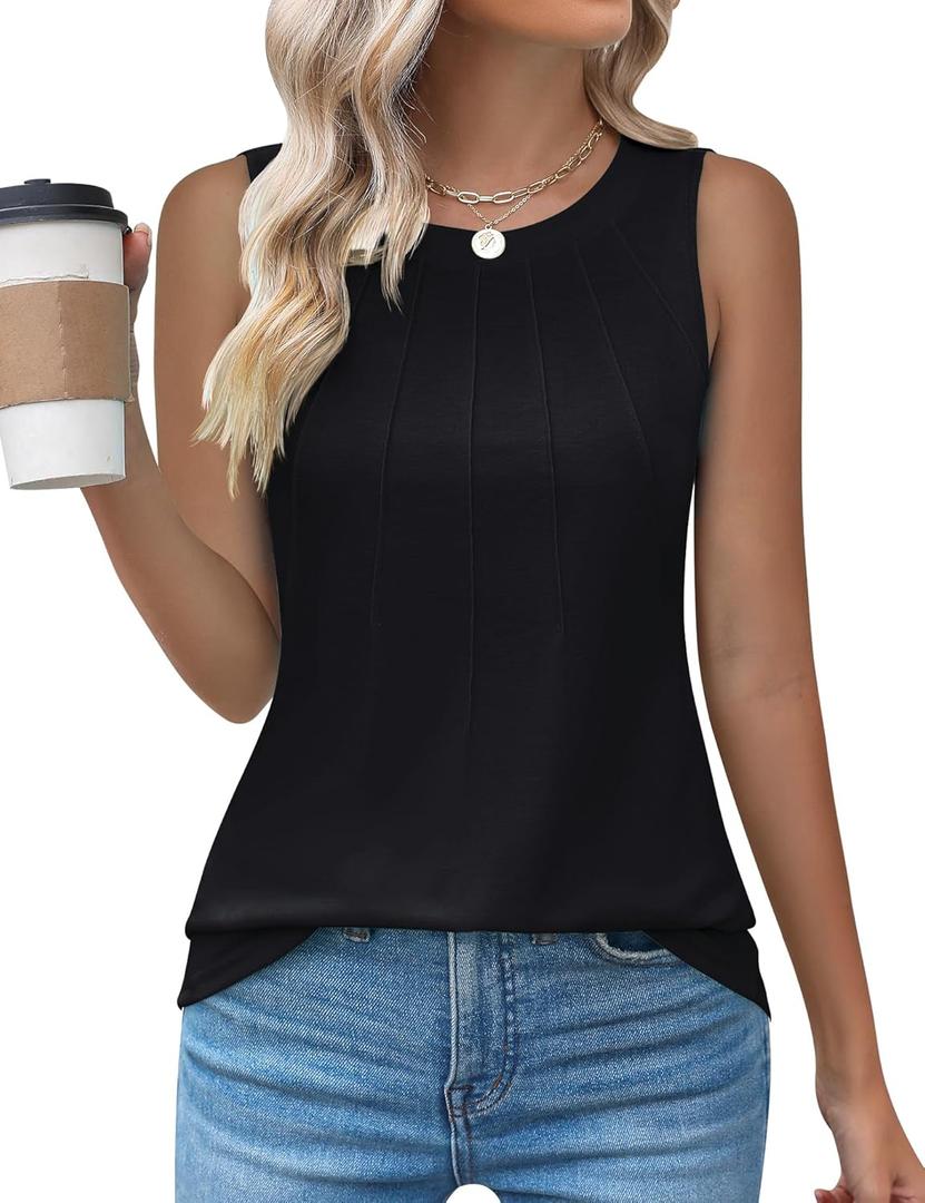 Kistore Womens Summer Tank Tops Sleeveless Crew Neck Pleated Blouse Shirts Fashion Clothes 2025 (Black, M)
