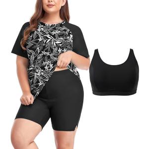 Inno 3 Piece Plus Size Swimsuit for Women with Bra Rash Guard Short Sleeve with Boyshorts UPF 50+ Surfing Swimwear 2026, Black White with Bra, 3X