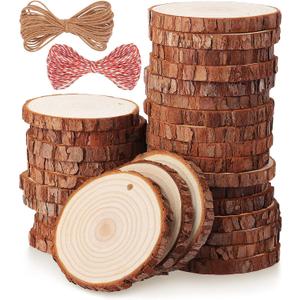 Fuyit Natural Wood Slices, 30 Pcs 3.1-3.5 Inch Unfinished Predrilled Wooden Circles Tree Slice with Hole for DIY Arts Craft Christmas Ornaments