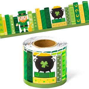 BeYumi Shamrock Bookshelf Border Trim - 65ft St Patrick's Day Green Books Rolled Border Trim Green Shamrock Bookshelf Bulletin Board Set Library Classroom Office Chalkboard Home Wall Party Decoration