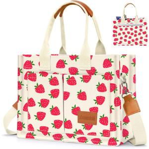 Canvas Tote Bag for Women with Pockets Crossbody Bag Tote Shoulder Handbags Casual Work Bags Everything Tote Bag (Strawberry)