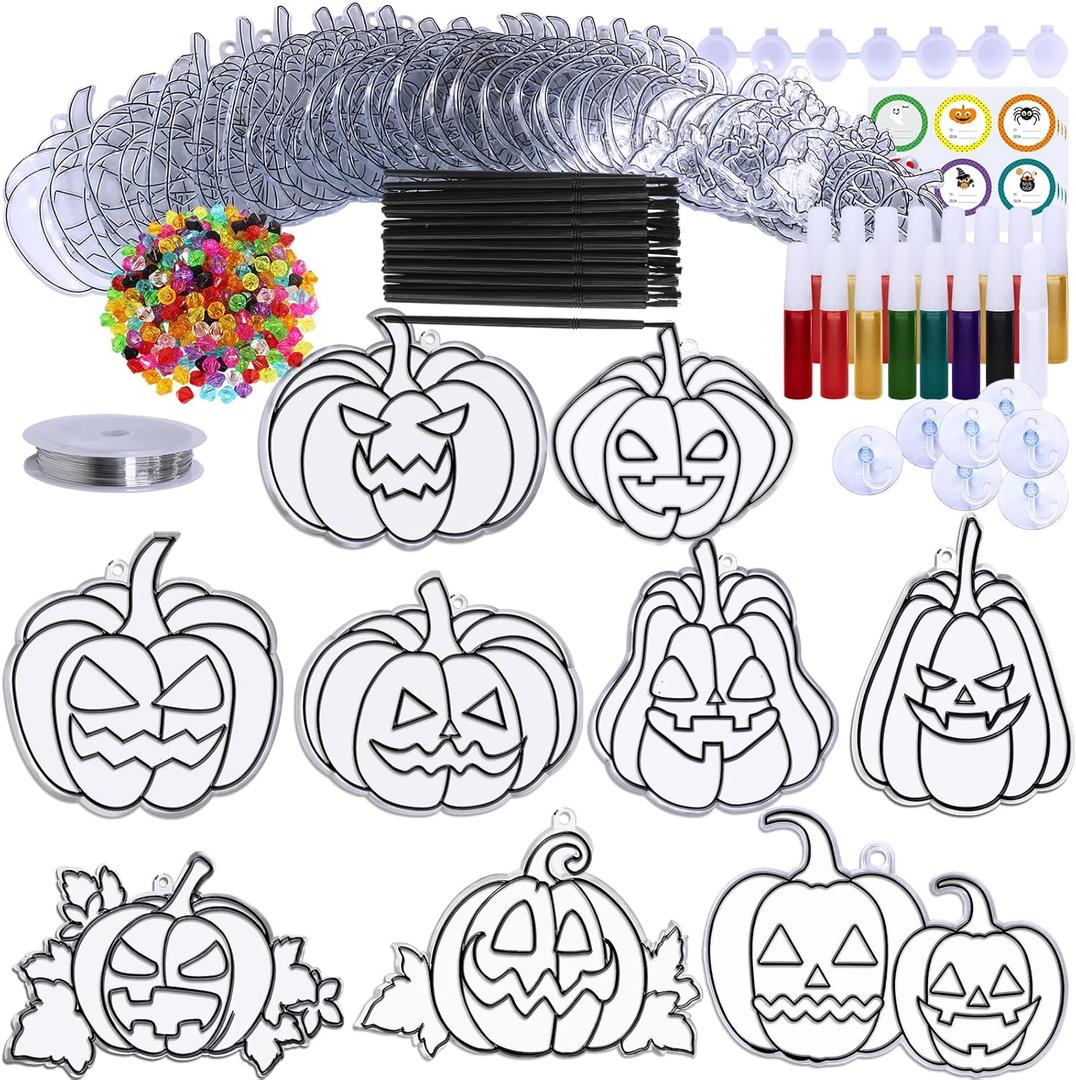 Winlyn 27 Sets Halloween Pumpkin Suncatchers Ornaments Decorations DIY Window Paint Art Suncatchers Craft Kits Jack-O'-Lantern Sun Catchers for Kids Classroom Activities Fall Halloween Art Project
