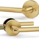 Brushed Gold Entry Door Handle with Lock and Keys, Round Design Heavy Duty Gold Interior Door Lever with Satin Brass Finish, Reversible for Left/Right Handed for Entrance and Front Door (1 Pack)